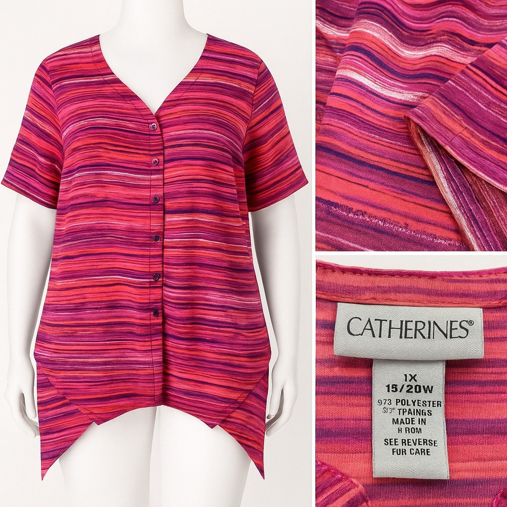 Catherines Shirt Top 1X (18/20W) Women Striped‎  Button Up V-Neck Stretch Casual